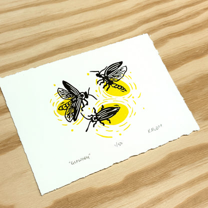 Glowing Lightning Bugs - woodblock print (5x7")