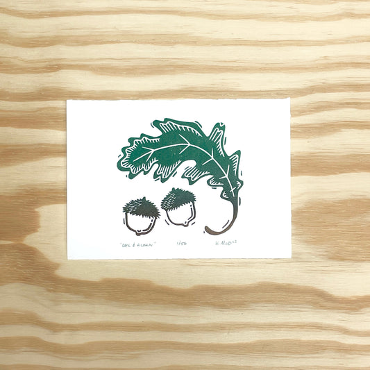 Oak and Acorn - woodblock print (5x7")
