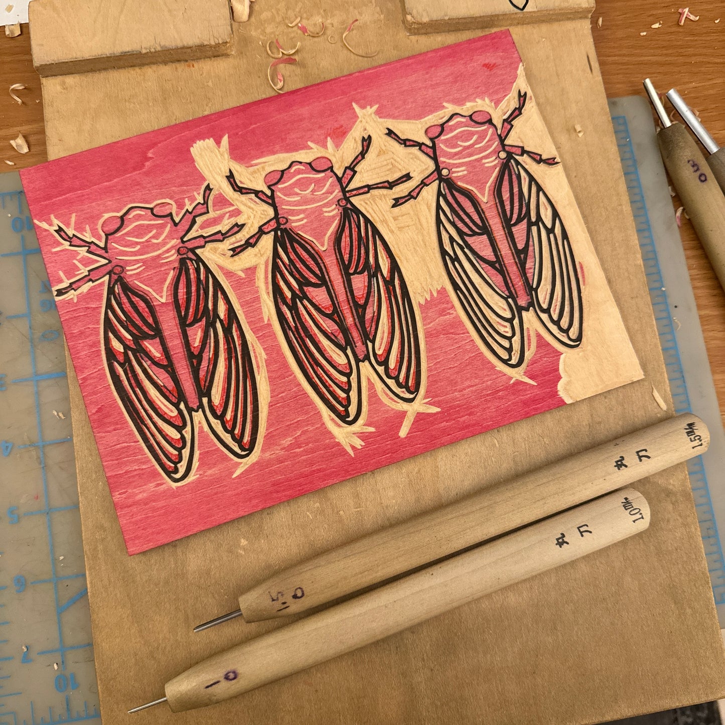 Brooding Cicadas - woodblock print (9x12")