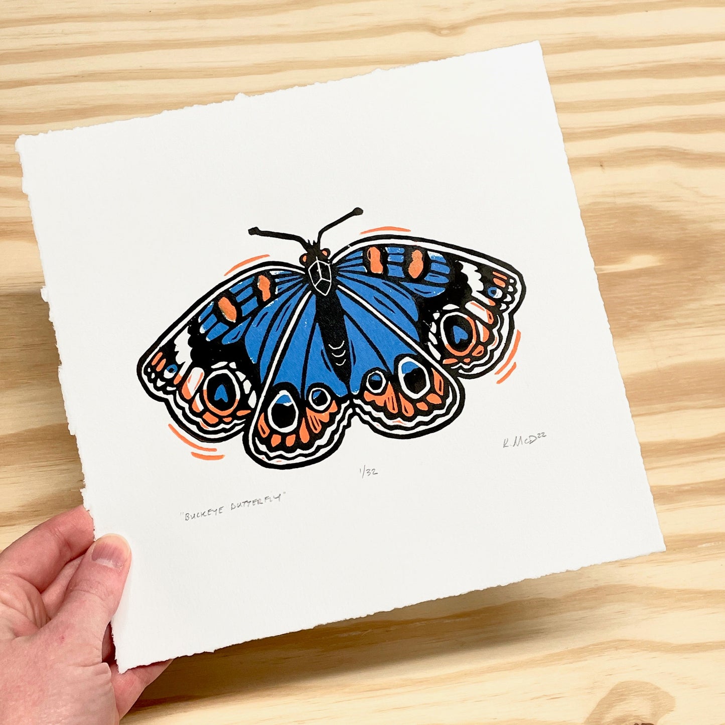 Buckeye Butterfly FRAMED - woodblock print (11x14")