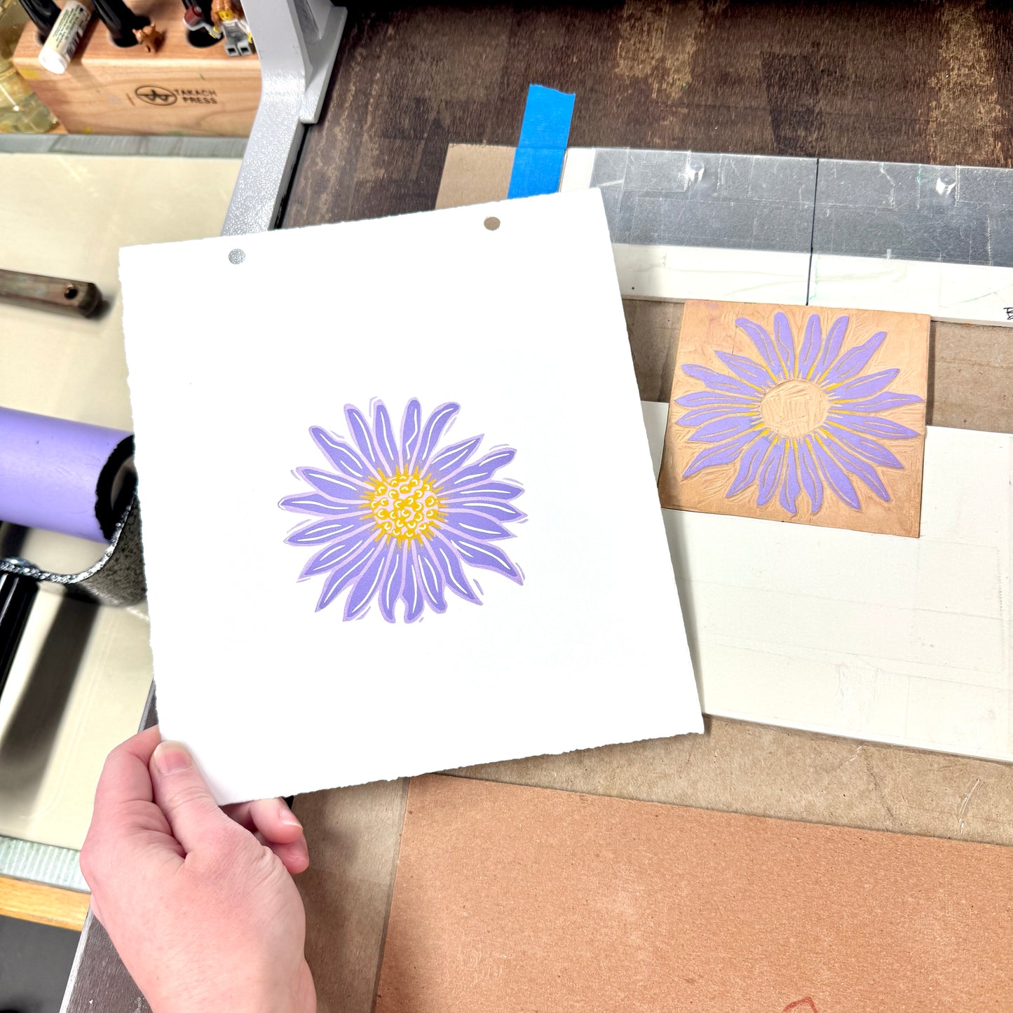 Aster Flower - woodblock print (8x8")