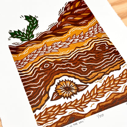 Feel the Balance in the Soil FRAMED - woodblock print (11x14")