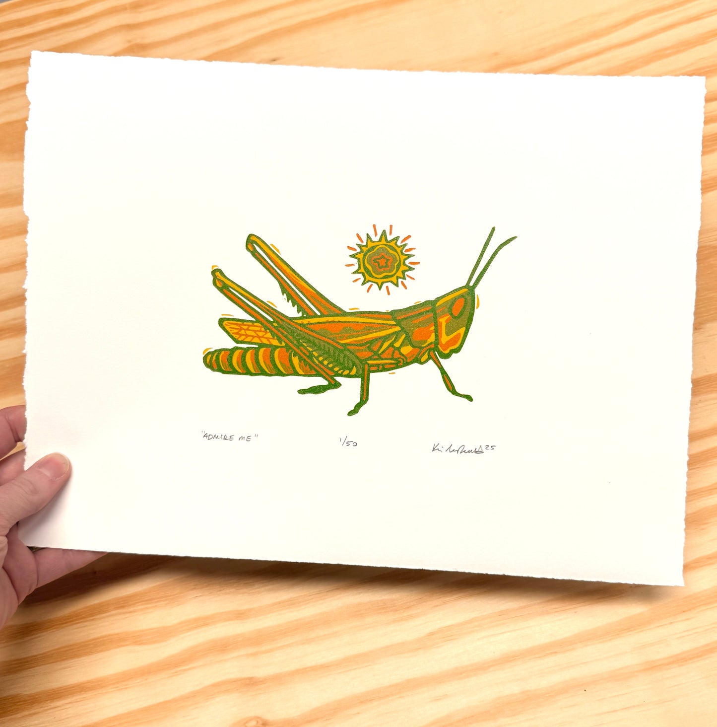 Admire Me Grasshopper - woodblock print (9x12")