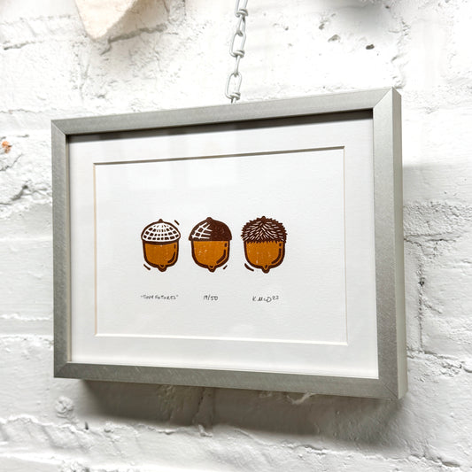 Tiny Futures Acorns FRAMED - woodblock print (6x8")