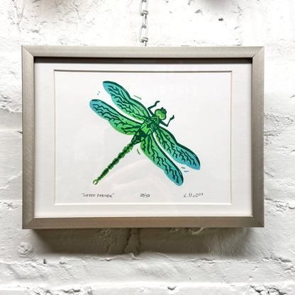 Green Darner Dragonfly FRAMED - woodblock print (6x8")