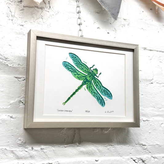 Green Darner Dragonfly FRAMED - woodblock print (6x8")