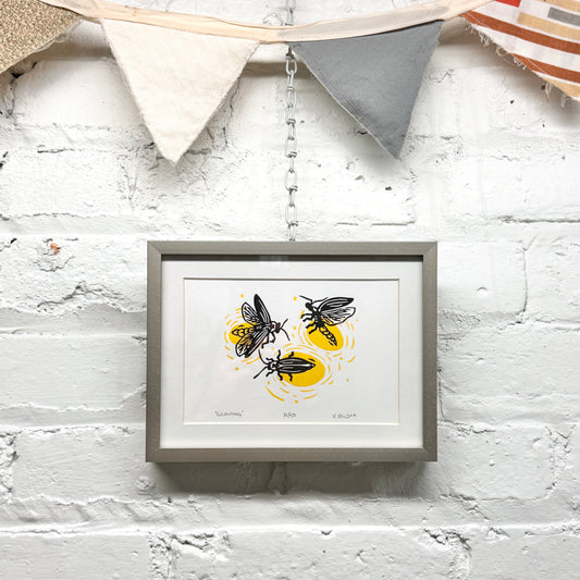 Glowing Lightning Bugs FRAMED - woodblock print (6x8")