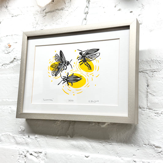 Glowing Lightning Bugs FRAMED - woodblock print (6x8")