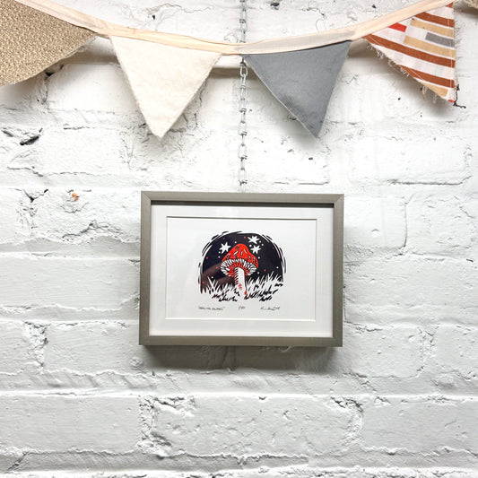 Healing Powers Mushroom FRAMED- woodblock print (6x8")