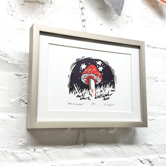 Healing Powers Mushroom FRAMED- woodblock print (6x8")