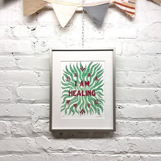 I Am Healing FRAMED - screen print with letterpress (11x14")