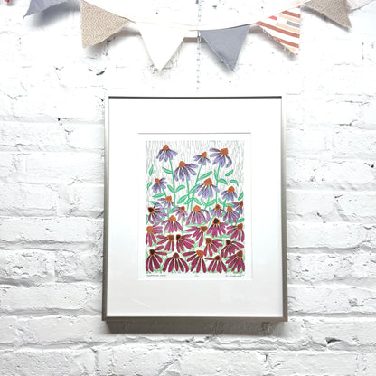 Coneflower Dance FRAMED - woodblock print (16x20")