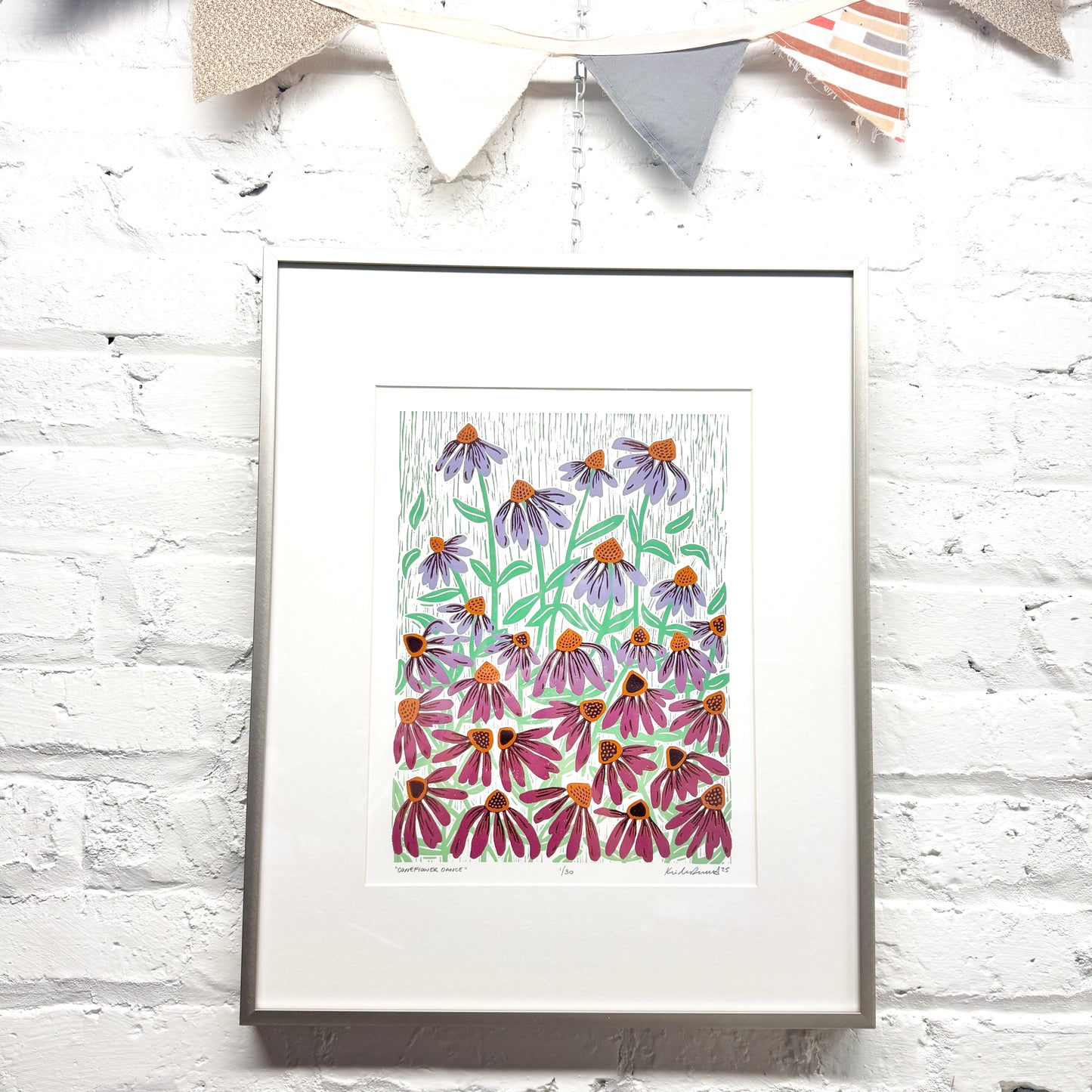 Coneflower Dance FRAMED - woodblock print (16x20")
