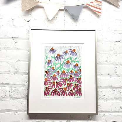 Coneflower Dance FRAMED - woodblock print (16x20")