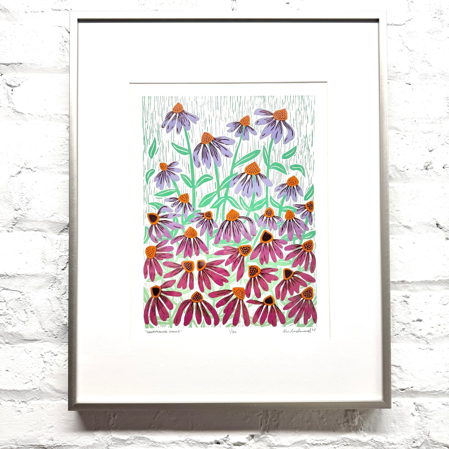 Coneflower Dance FRAMED - woodblock print (16x20")