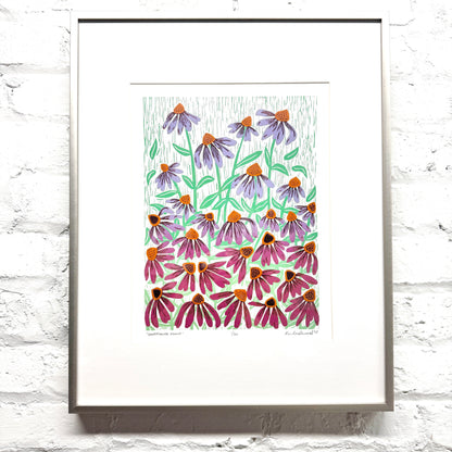 Coneflower Dance FRAMED - woodblock print (16x20")