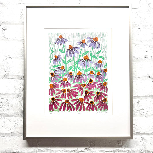 Coneflower Dance FRAMED - woodblock print (16x20")