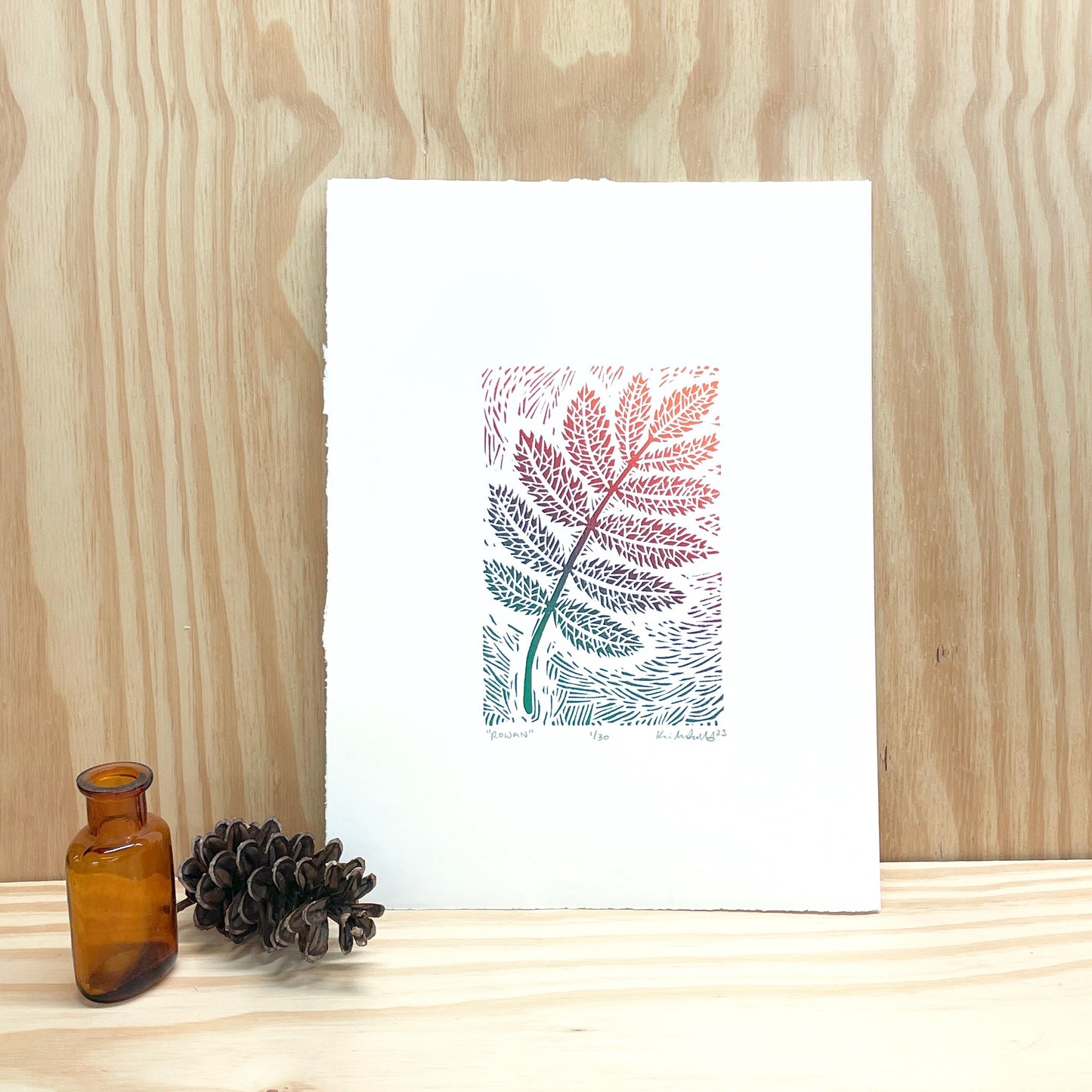 Rowan leaf FRAMED - woodblock print (11x14”)