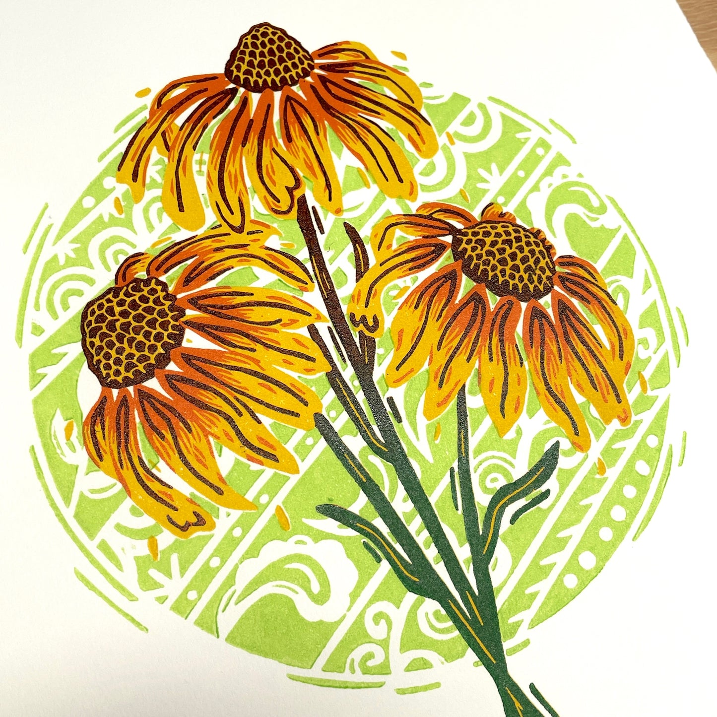These Are For You - Black Eyed Susan Flowers - woodblock print (9x12")