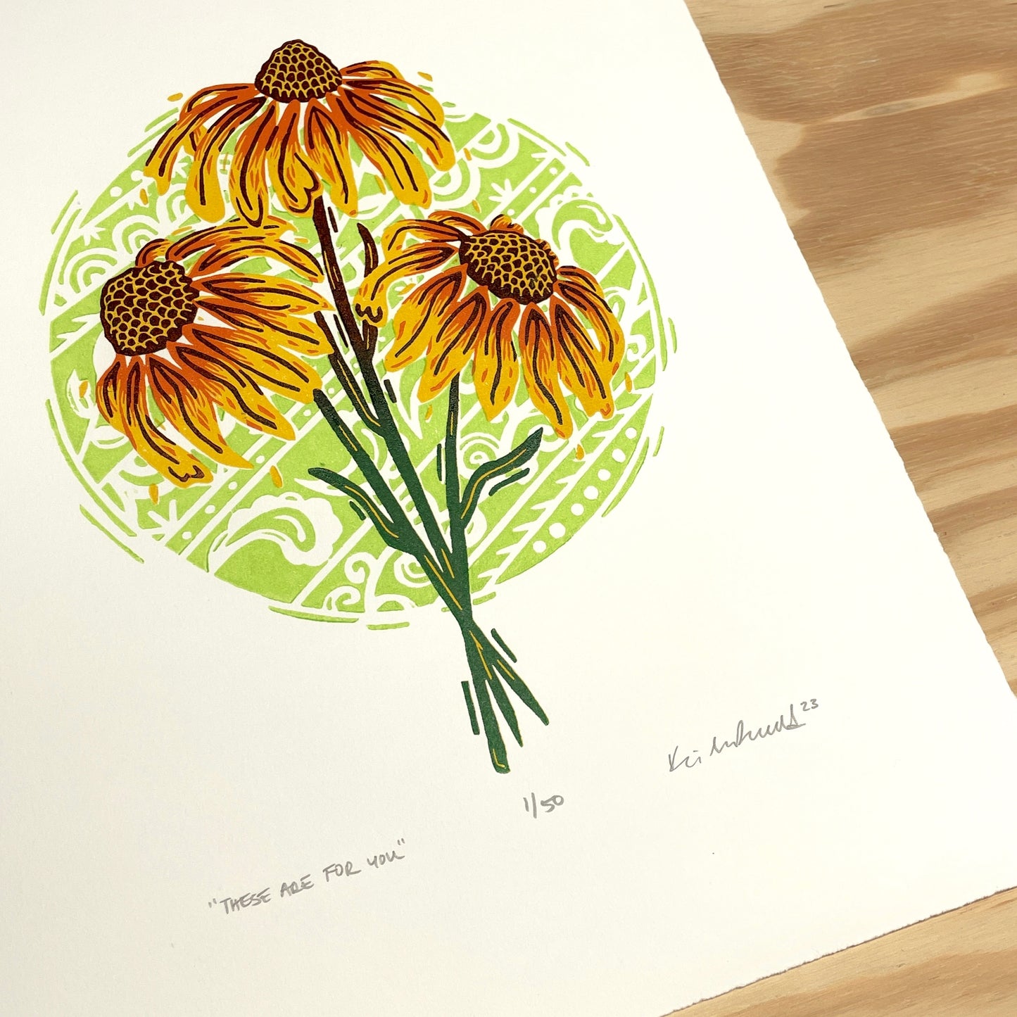 These Are For You - Black Eyed Susan Flowers - woodblock print (9x12")