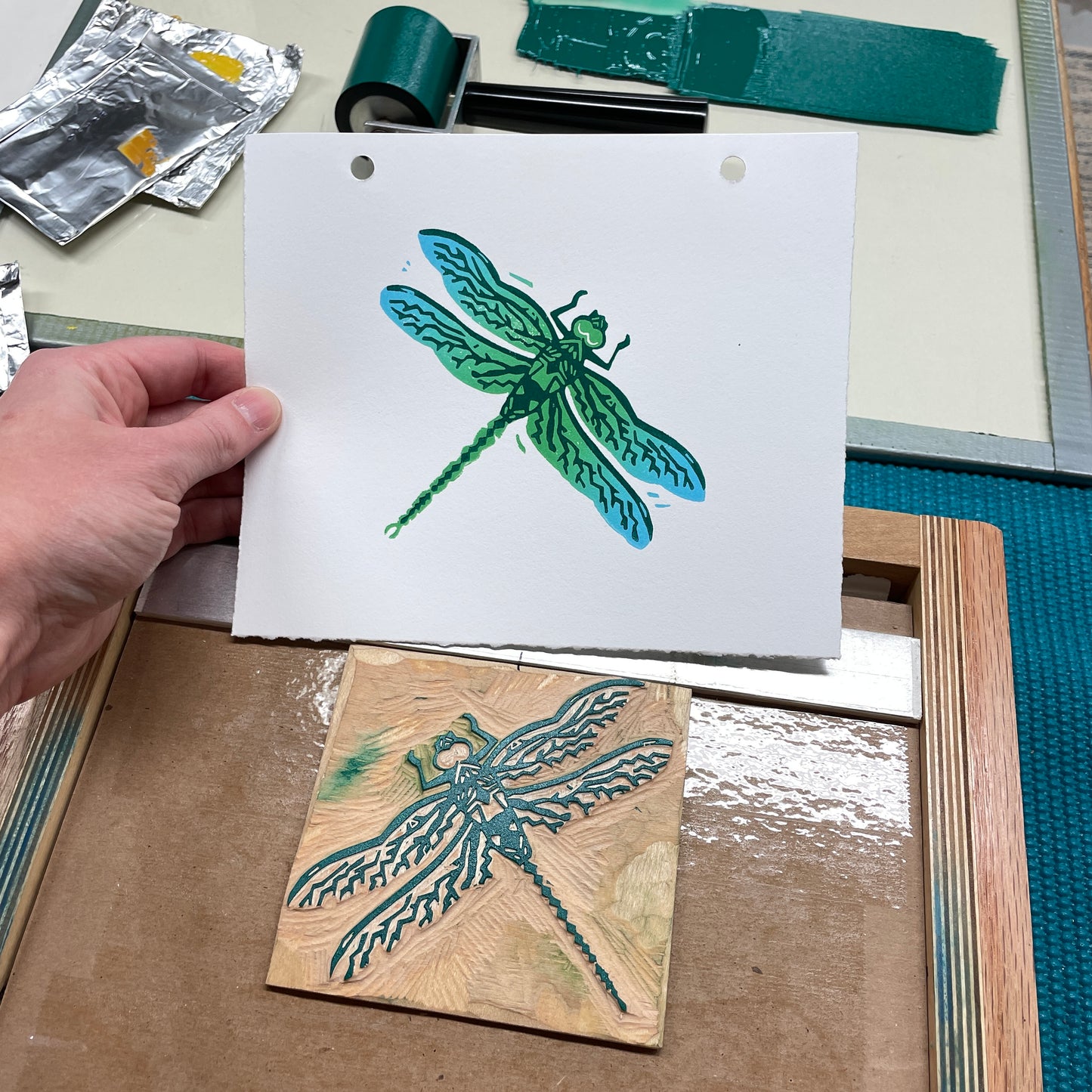 Green Darner Dragonfly - woodblock print (5x7")