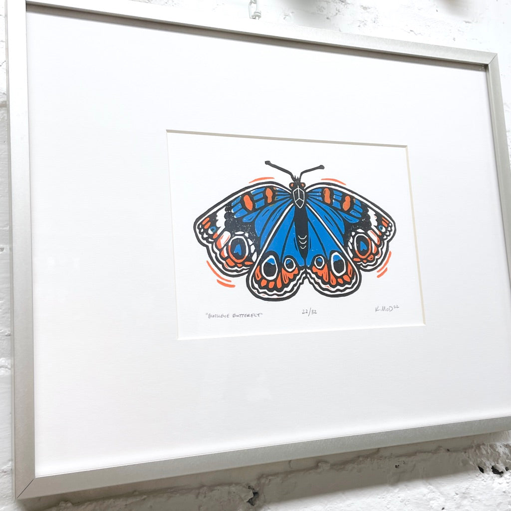 Buckeye Butterfly FRAMED - woodblock print (11x14")