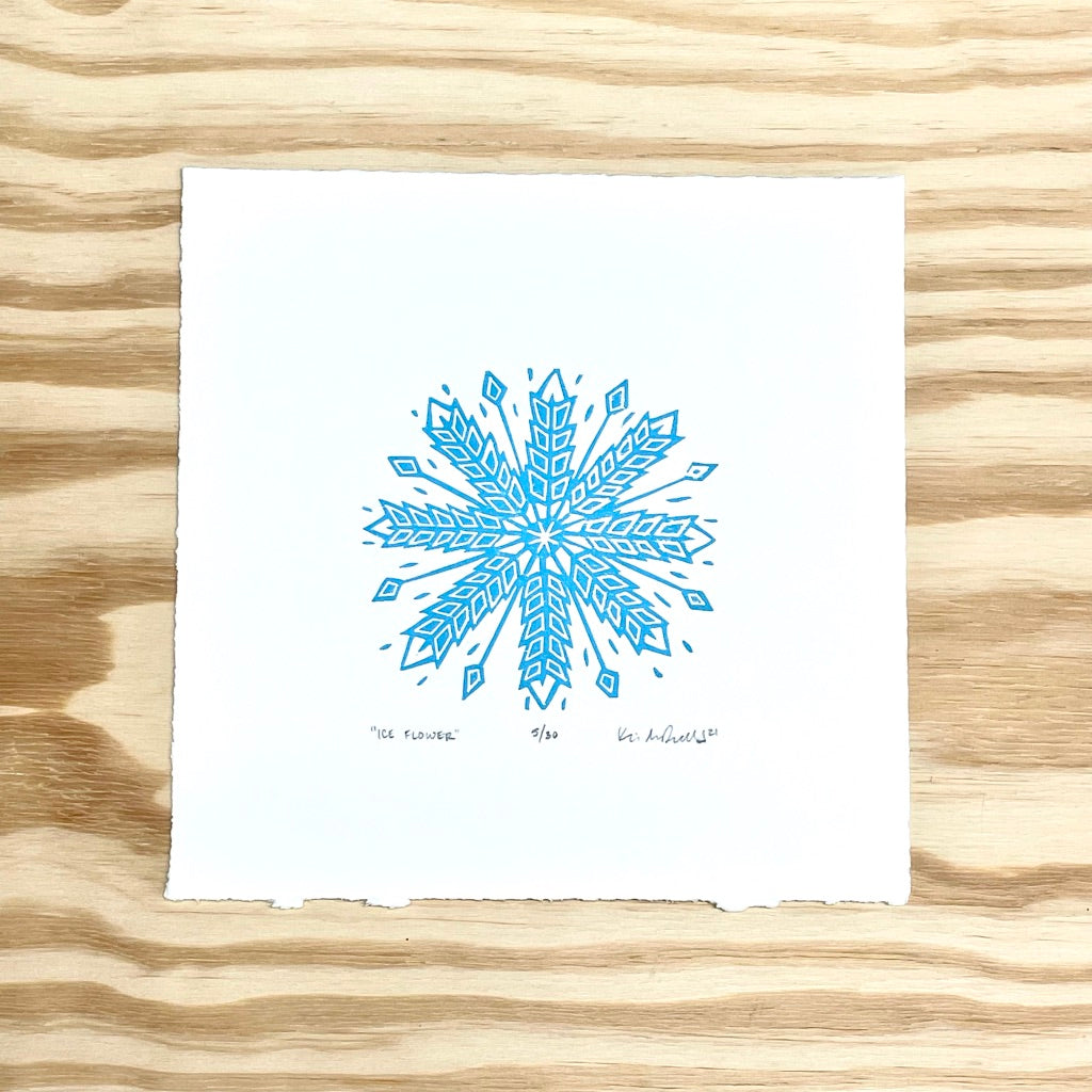 Ice Flower snowflake FRAMED - woodblock print (8x8")