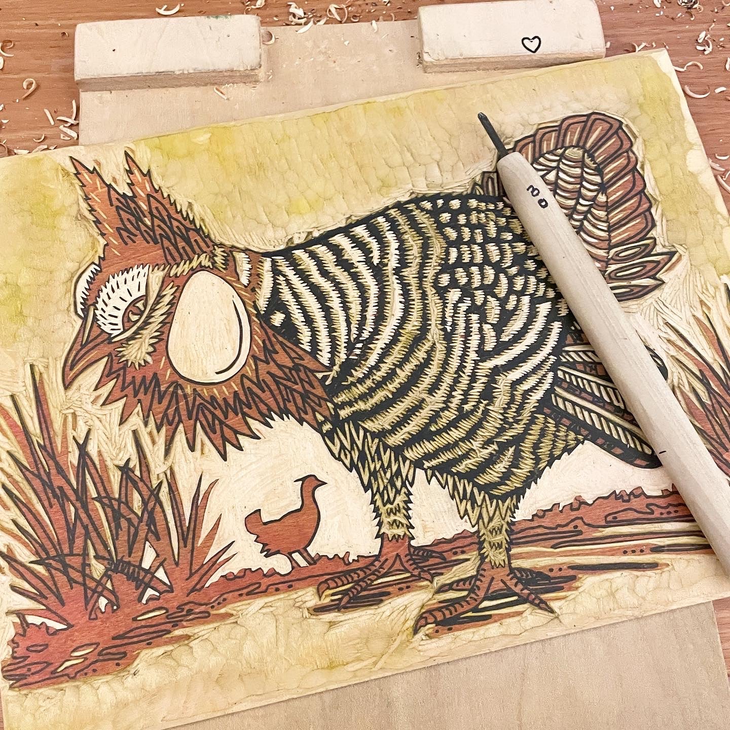 Prairie Chicken brown outline only - woodblock print (14x18")