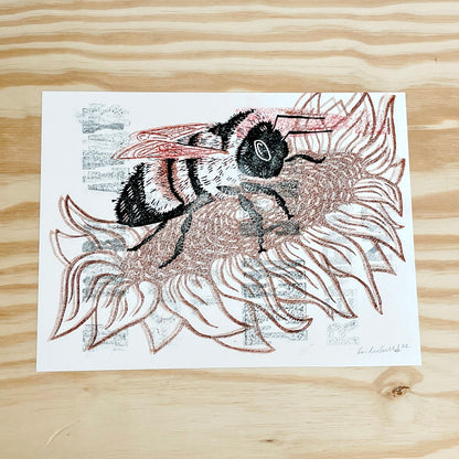 Start Remembering Bumble Bee GHOST PRINT - woodblock print (9x12")