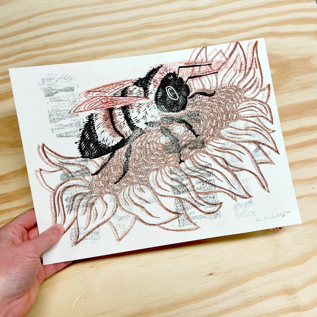 Start Remembering Bumble Bee GHOST PRINT - woodblock print (9x12")