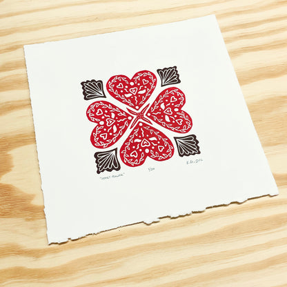 Heart Flower - woodblock print (8x8")