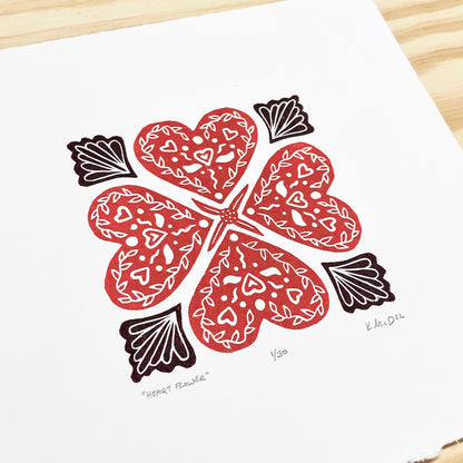 Heart Flower - woodblock print (8x8")