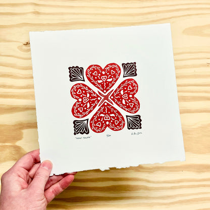 Heart Flower FRAMED - woodblock print (8x8")