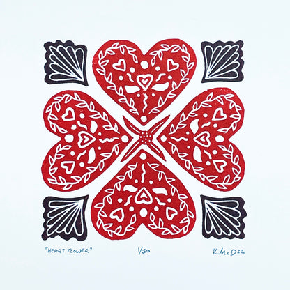 Heart Flower - woodblock print (8x8")