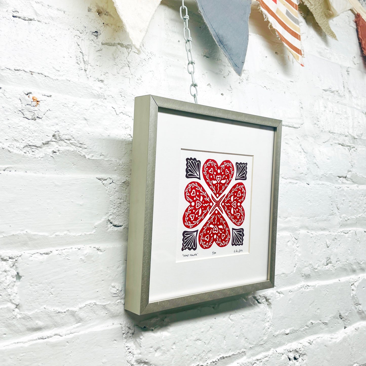 Heart Flower FRAMED - woodblock print (8x8")