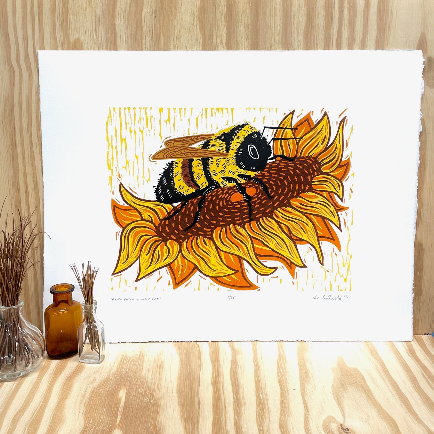 Rusty Patch Bumble Bee - woodblock print - Save Bell Bowl Prairie (14x18")