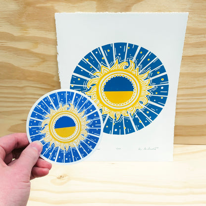 You Are the Yellow Sun in the Blue Sky - Brovary, Ukraine Fundraiser woodblock print (9x12")