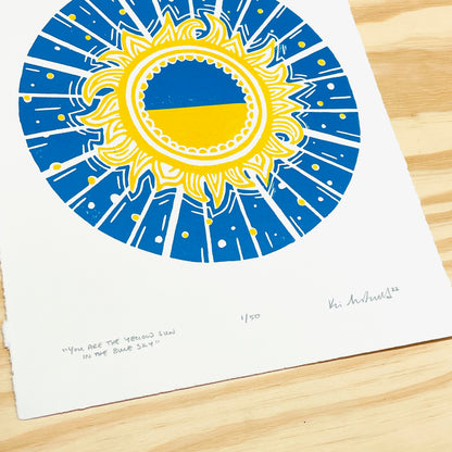 You Are the Yellow Sun in the Blue Sky - Brovary, Ukraine Fundraiser woodblock print (9x12")