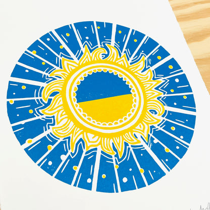 You Are the Yellow Sun in the Blue Sky - Brovary, Ukraine Fundraiser woodblock print (9x12")