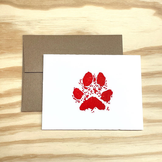 Dog Paw Bright Red single card - woodblock printed