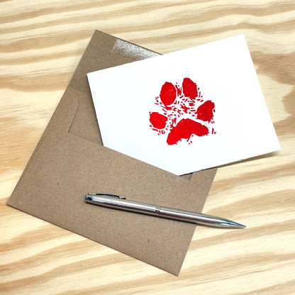 Dog Paw Bright Red single card - woodblock printed