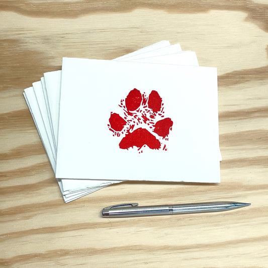 Dog Paw Bright Red 6-pack cards - woodblock printed