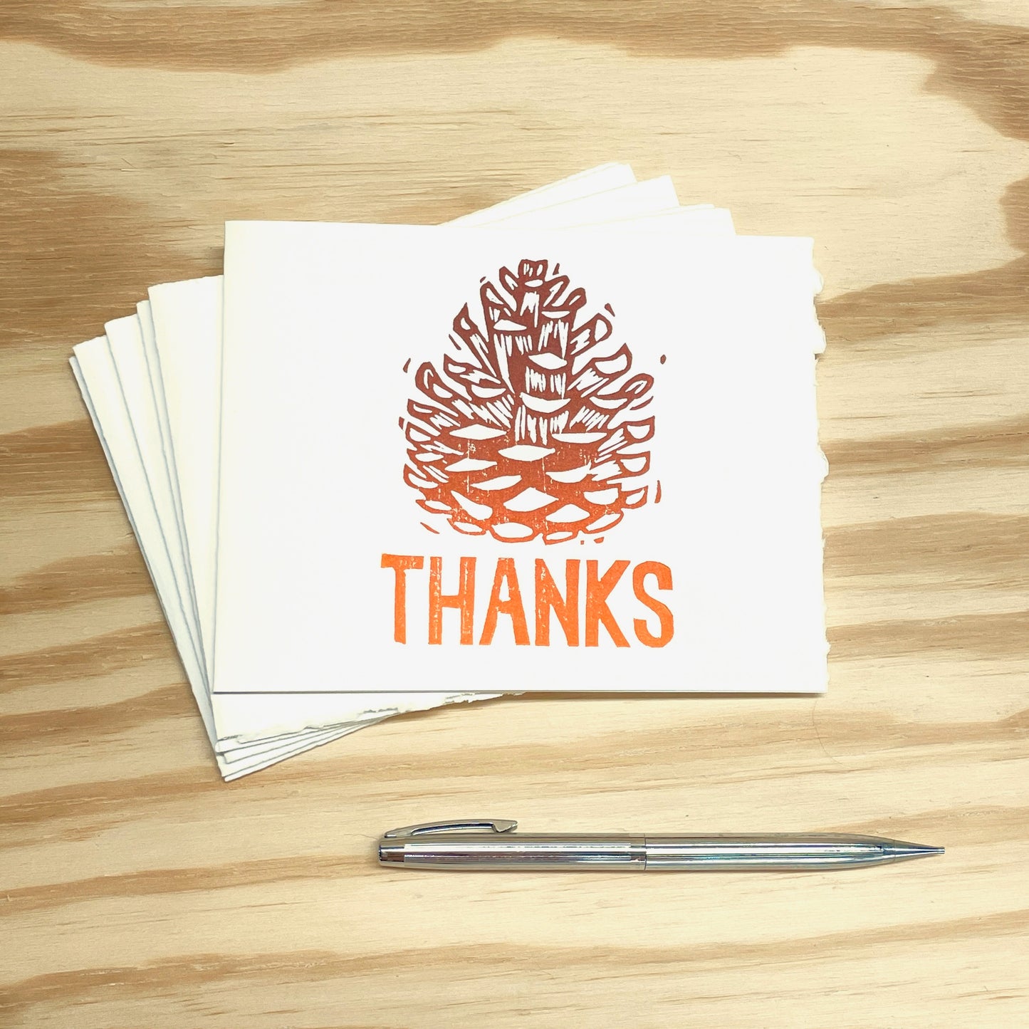 Pinecone Thanks 6-pack cards - woodblock printed