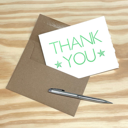 Thank You Green Stars 6-pack cards - wood type letterpress printed