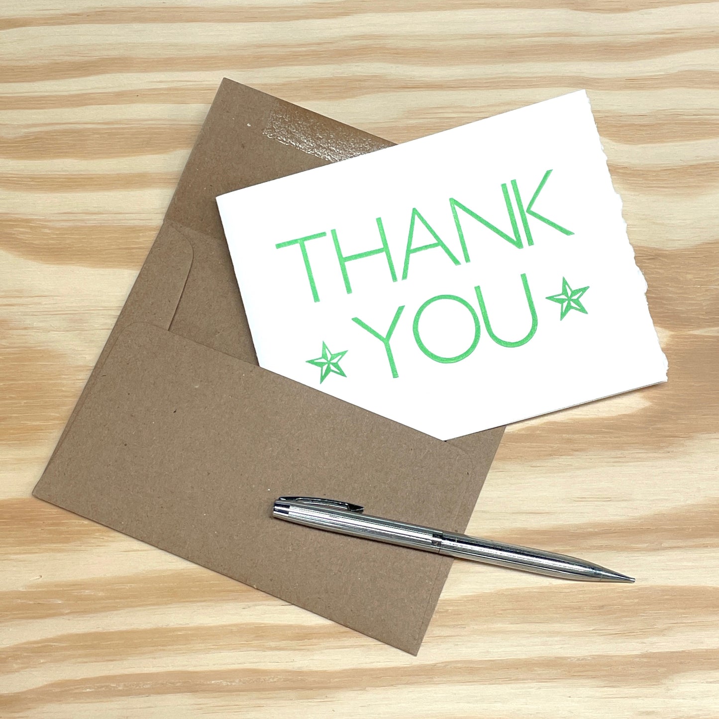 Thank You Green Stars single card - wood type letterpress printed