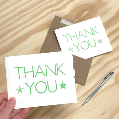 Thank You Green Stars 6-pack cards - wood type letterpress printed