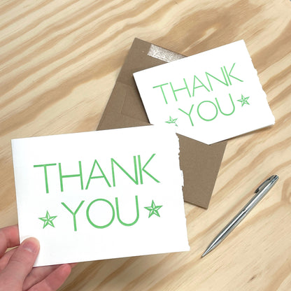 Thank You Green Stars single card - wood type letterpress printed