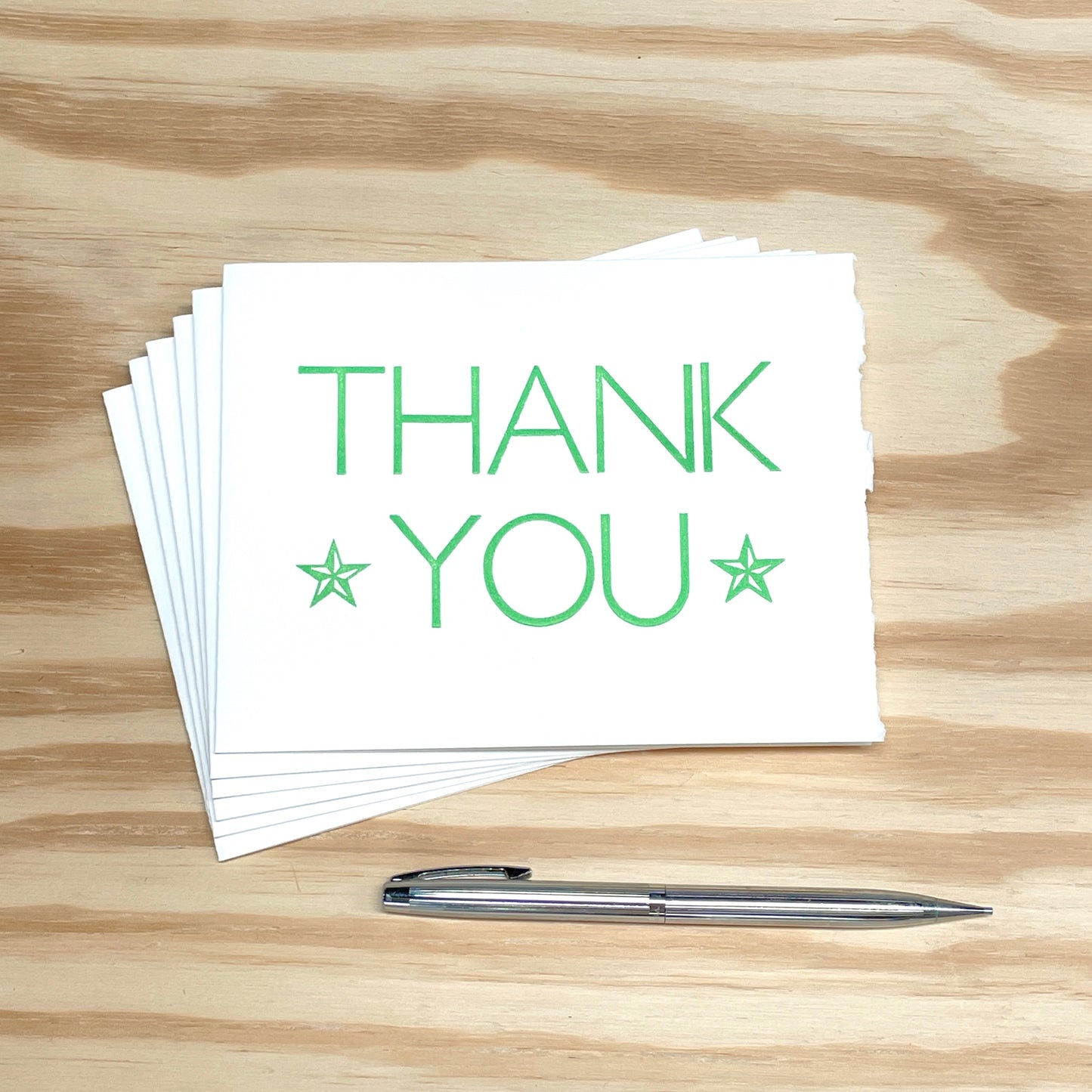 Thank You Green Stars 6-pack cards - wood type letterpress printed