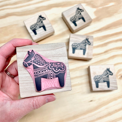 Dala Horse Stamp - Handcarved Rubber Stamp - Wood Mounted 2x2"