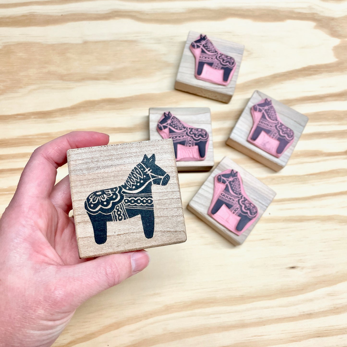 Dala Horse Stamp - Handcarved Rubber Stamp - Wood Mounted 2x2"